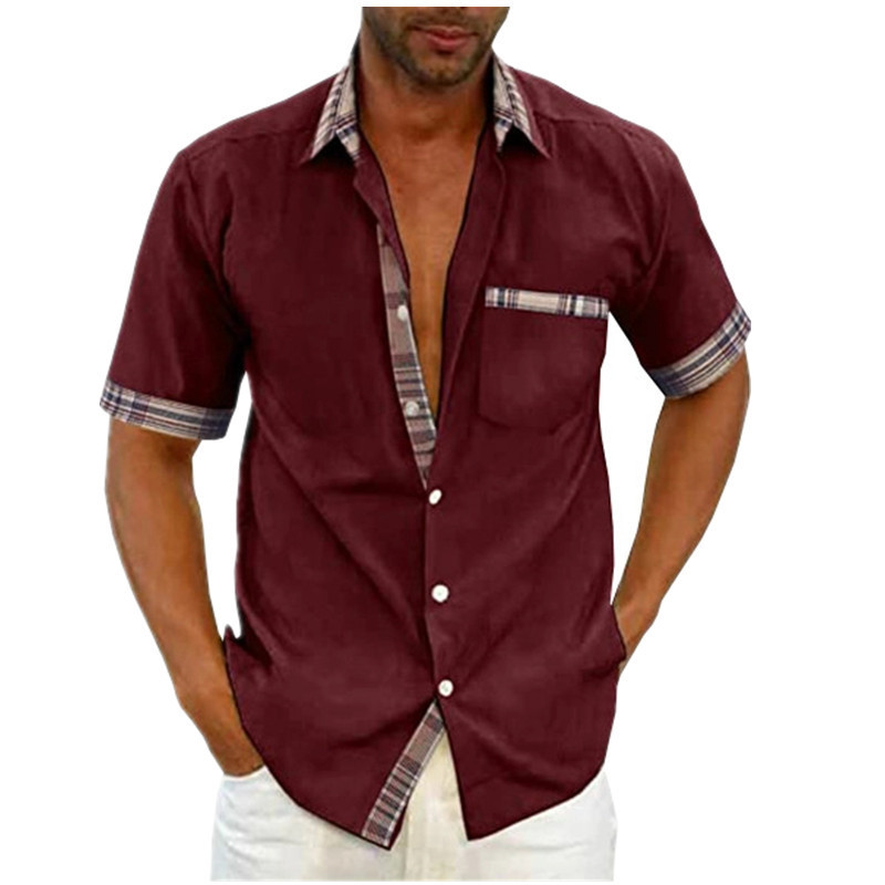 2023 men's summer solid color short-sleeved shirt collar cuff contrast color fashion button shirt one-piece delivery