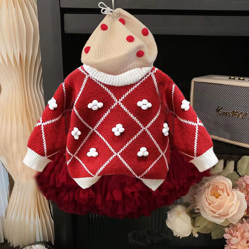Autumn and Winter children's clothing New girls' red sweater knitted cherry sweater baby fluffy skirt tutu skirt