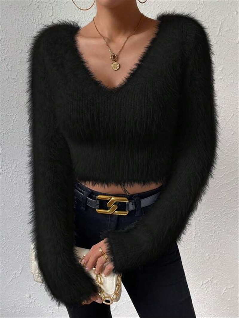European and American cross-border Amazon autumn and winter new independent station solid color V-neck slim fit all-match plush short women's sweater