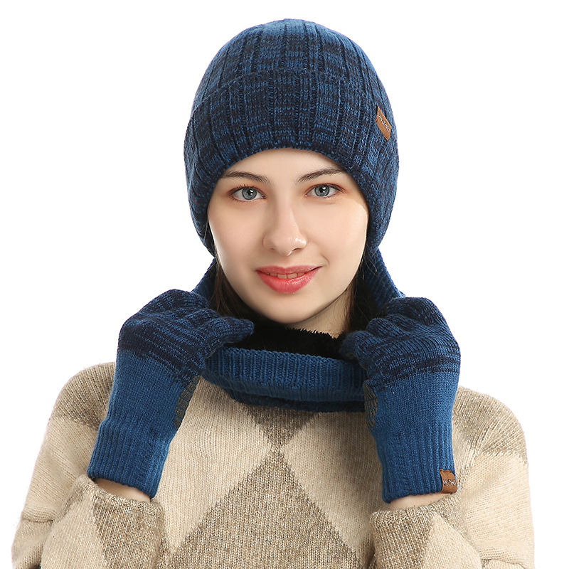 2023 cross-border Europe and the United States new outdoor scarf men's and women's warm cold collar plus velvet padded wool cap three-piece set