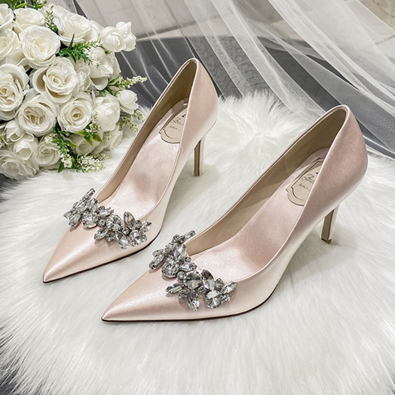 Wedding shoes Xiuhe wedding dress Crystal bridal shoes champagne satin dress bridesmaid shoes white high heels stiletto heel shoes