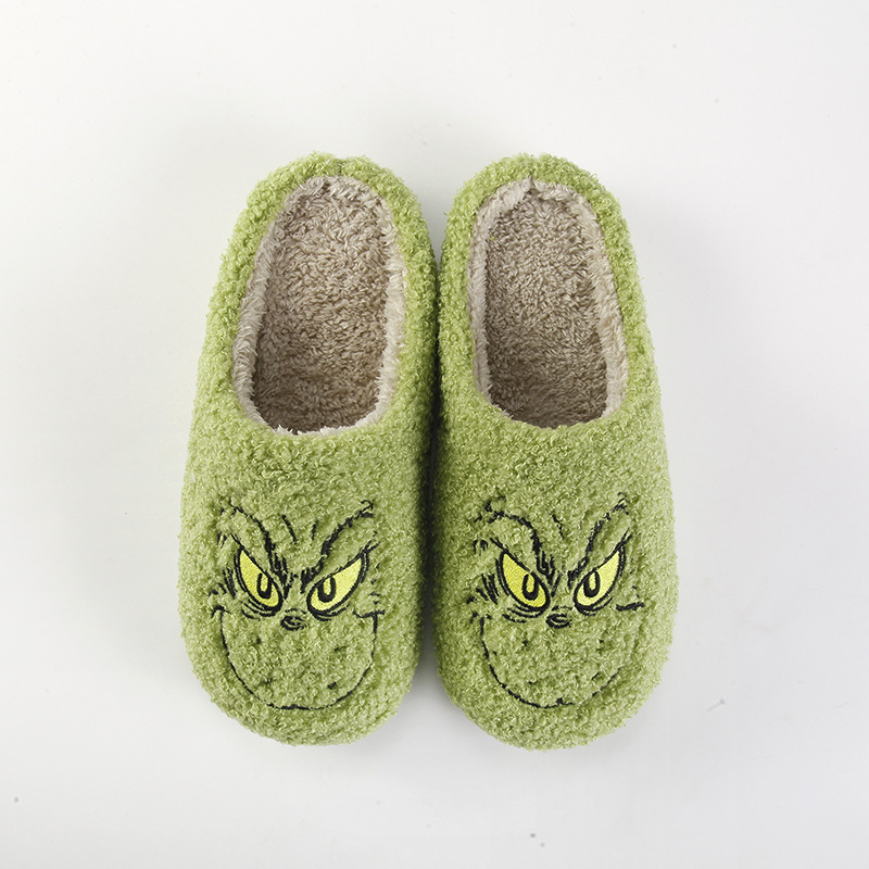 Новые домашние рождественские теплые зимние хлопковые тапочки Grinch для пар, мужские и женские туфли на толстой подошве с мягкой подошвой, толстые Нескользящие милые