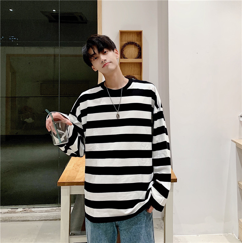 Black and White Striped Long-Sleeved T-Shirt Men's Round Neck Sweater Loose Fashionable Men's and Women's Inner Base Shirt Top Fashionable Brand Simple