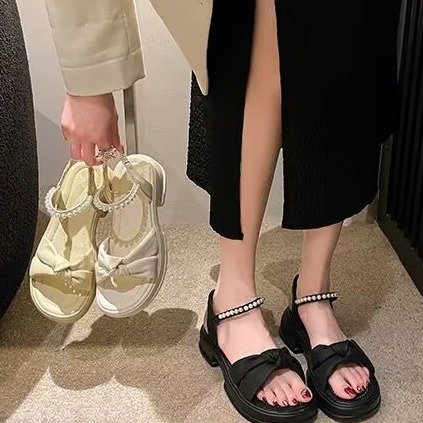 Foreign Trade Thick Bottom Bow Sandals 2023 Summer New Horseshoe Heel Pearl Fairy Style Sandals Outer Wear Single-layer Shoes for Women