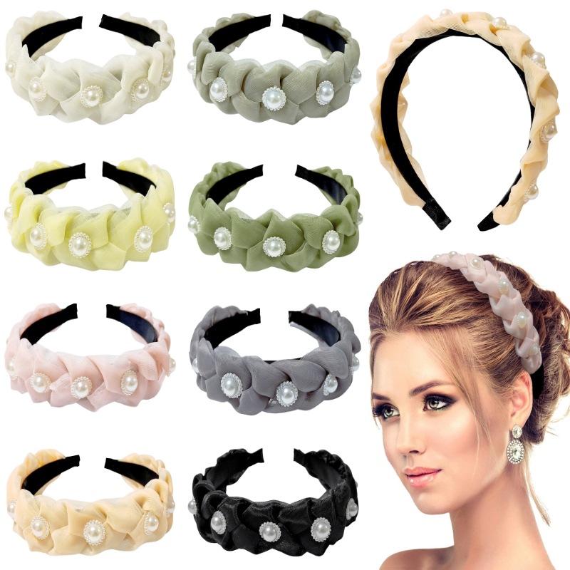 New European and American cross-border hot selling bridal hair accessories women's pearl fabric twist braid hair band mesh all-match hair band