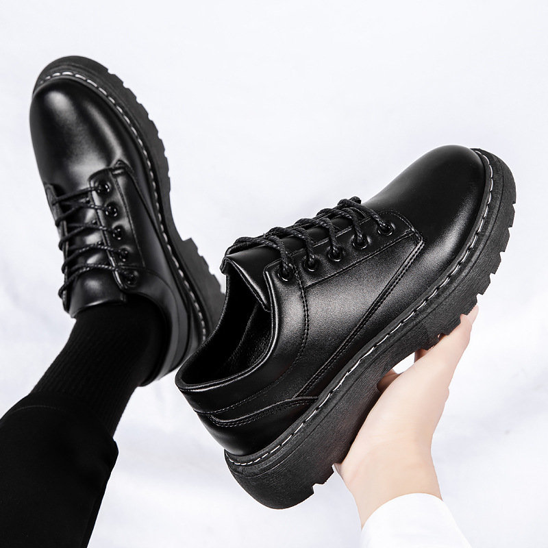2024 Spring New Business black leather shoes men's Hong Kong style low-top men's shoes young men's casual shoes fashion shoes