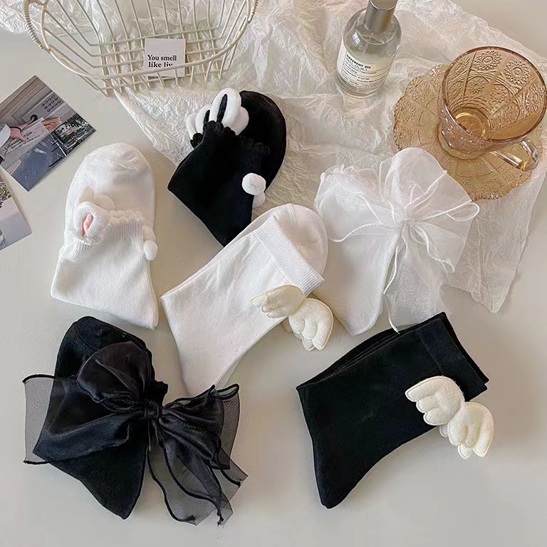 2023 New Black and White Socks Women's Cute Wings jk Socks Japanese Style Lace ins Trendy Mid-length Cotton Thin Socks