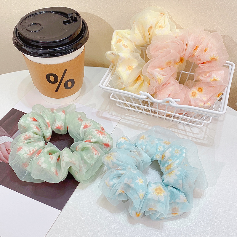 Korean New Style Chiffon Large Intestine Hair Ring Flower Double-Layer Pony Tail Head Rope Cyber Popular Girl Ball Head Rubber Tendon Hair Accessories