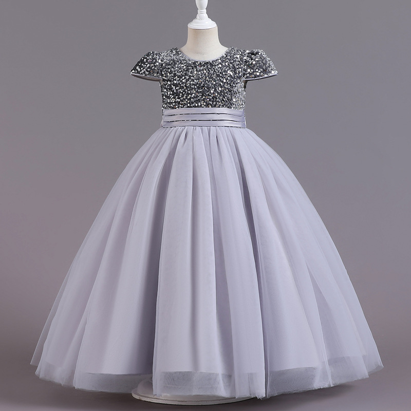 Girl's Dress Evening Dress Evening Dress Sequin Mesh Puff Dress Long Princess Dress Back Bow Sweet
