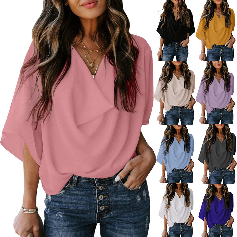 2024 Amazon wish Independent Station New European and American Chiffon Shirt Loose V-neck Casual Top T-shirt Women's Wear
