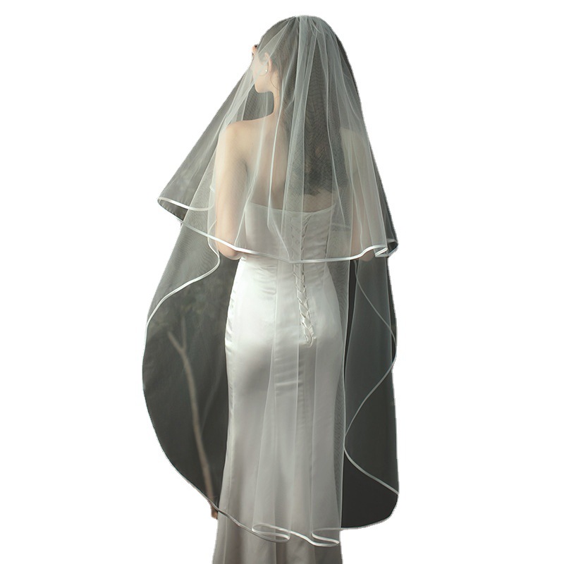 European and American double wedding yarn wrapped satin white mesh yarn simple covering tourism photography long Wholesale
