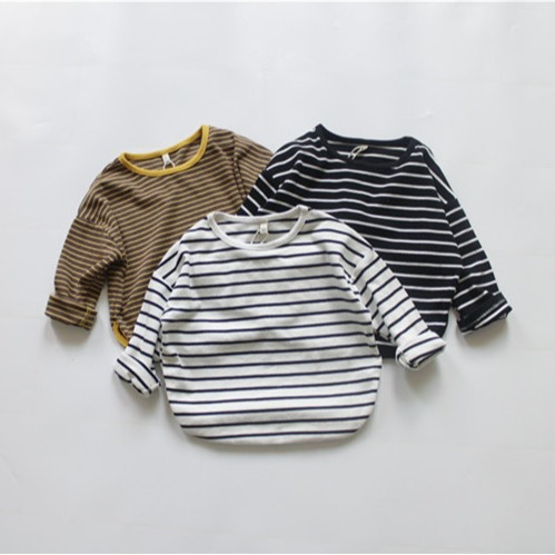 Autumn New Kids Korean Style Wide Leg Base Shirt Round Neck Top for Boys and Girls Striped Round Neck Base Shirt