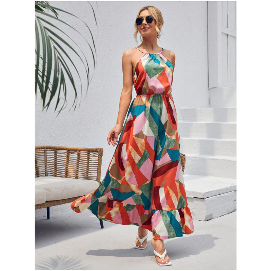 New printed ruffle hem neck dress holiday style printed dress sleeveless dress spot