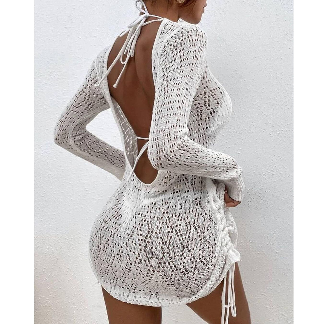 Spring and summer backless beach cover-up hollow knitted swimsuit long skirt resort wear cross-border swimsuit hole-in-the-wall cover-up