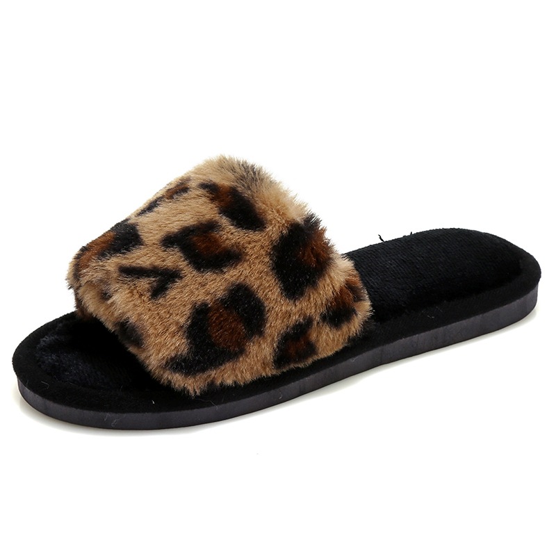 Fairy style leopard print plush slippers for women 2023 autumn new plush air-conditioned room lazy one-word cotton slippers