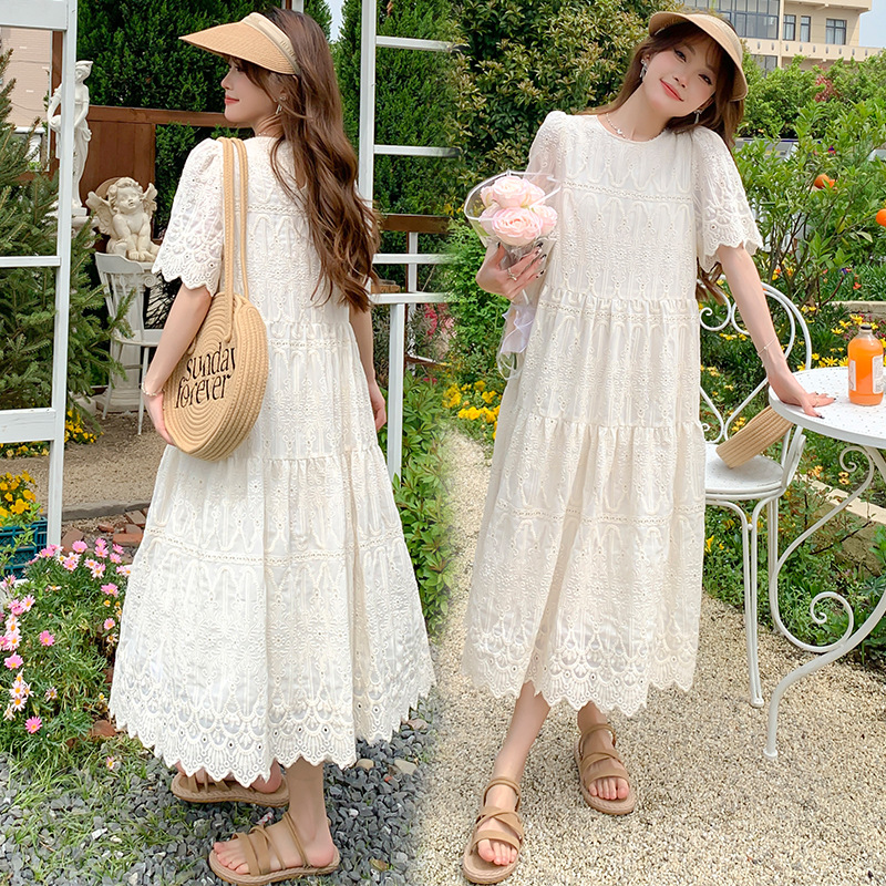 Maternity dress summer dress dress plus size embroidered over-the-knee dress loose short sleeve top summer long summer dress