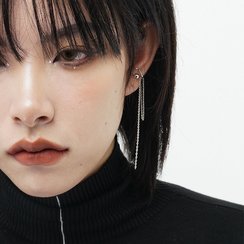 Lost a long ear hook without ear hole female unique tassel ear clip double line round bead ear clip cool