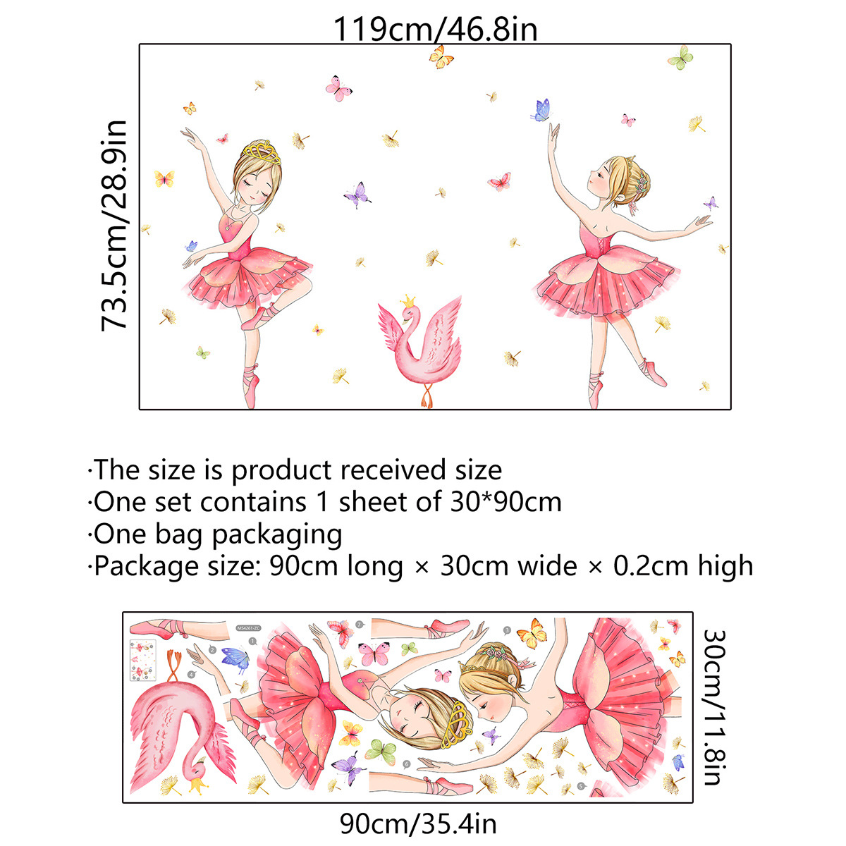 MS4261 Cartoon Ballet Swan Butterfly Wall Stickers Children's Room Bedroom Decorative Wall Stickers Self-adhesive Wall Stickers