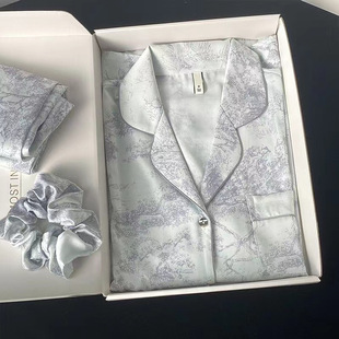 Foreign trade TikTok live pajamas women's spring and autumn ice silk long-sleeved trousers thin student ins dormitory outdoor pajamas