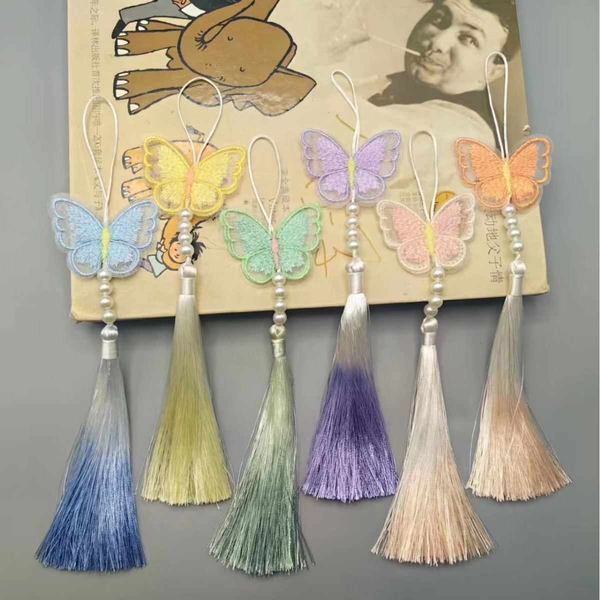 Chinese Style Double-Sided Embroidery Butterfly Tassel Small Spike Hanfu Folding Fan Children's Wear Pendant Accessories