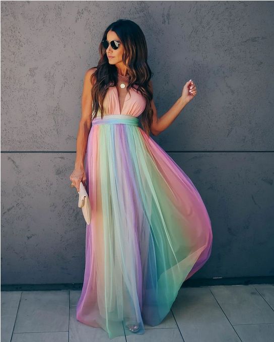 2022 Spring and Summer New European and American Cross-border Foreign Trade Women's Cross-border New Sling Sexy Deep V Rainbow Mesh Sling Dress