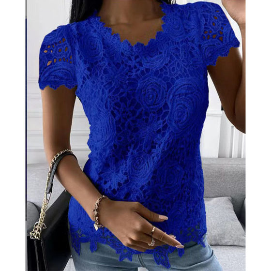 Independent station Amazon 2022 summer new women's clothing Europe and the United States cross-border foreign trade new lace shirt short sleeve top