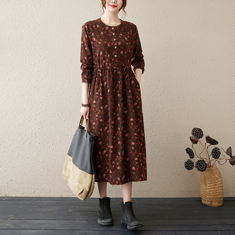 Artistic Retro Floral Cotton Linen Long-sleeved Dress Autumn Tight Waist Lace-up Loose Slimming Large Swing Base Long Dress for Women