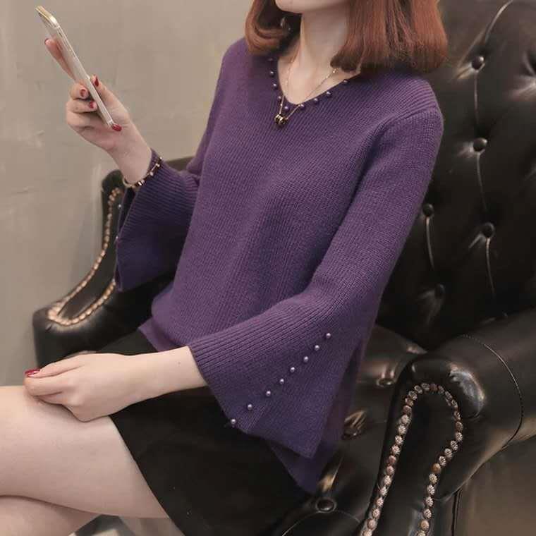 New Women's 2023 Korean Style Autumn Sweater Women's Pullover Bead Korean Style Loose Short V-neck Base Knitted Sweater