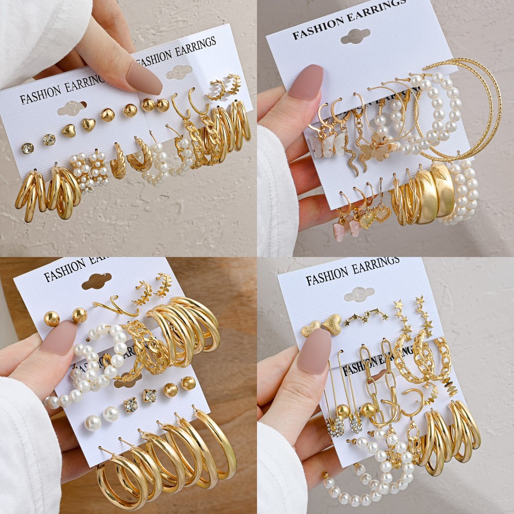 跨境熱銷復古金色幾何女士耳環套裝時尚珍珠耳圈耳飾批發Earrings