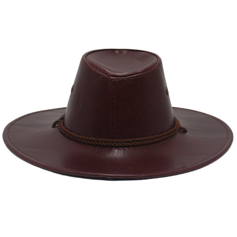 跨境西部牛仔帽民族风户外赛马骑士帽仿皮革亮面大沿礼帽定型帽子
