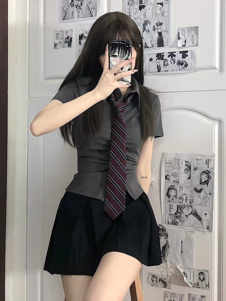 Pure Wish Waist jk Shirt Pleated Design Hot Girl Short Sleeve Summer Slim Look Top Slim Fit Sexy Grey Shirt Trendy