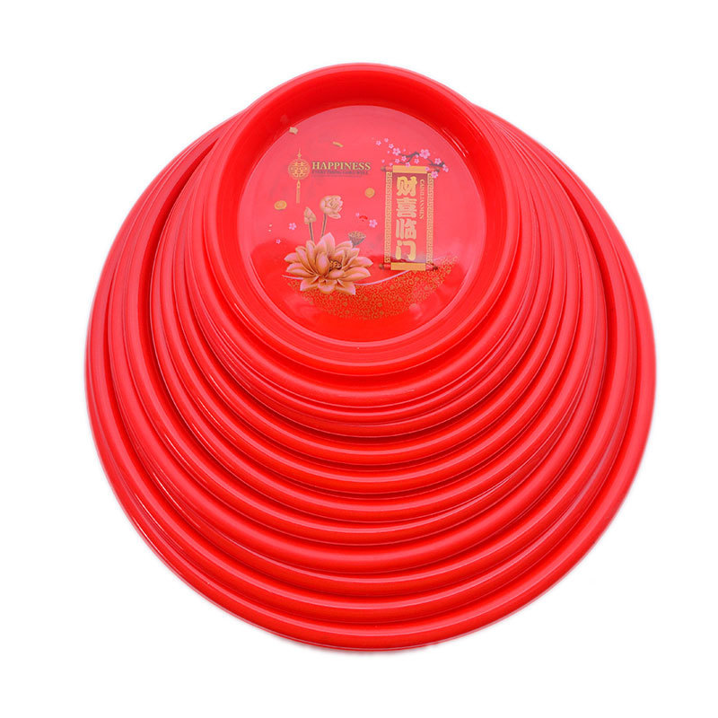 Chinese Style Plastic Fortune Happy Door Round Plate Festive Big Red Flat Plate Wedding Buddha Worship Tray Tea Tray