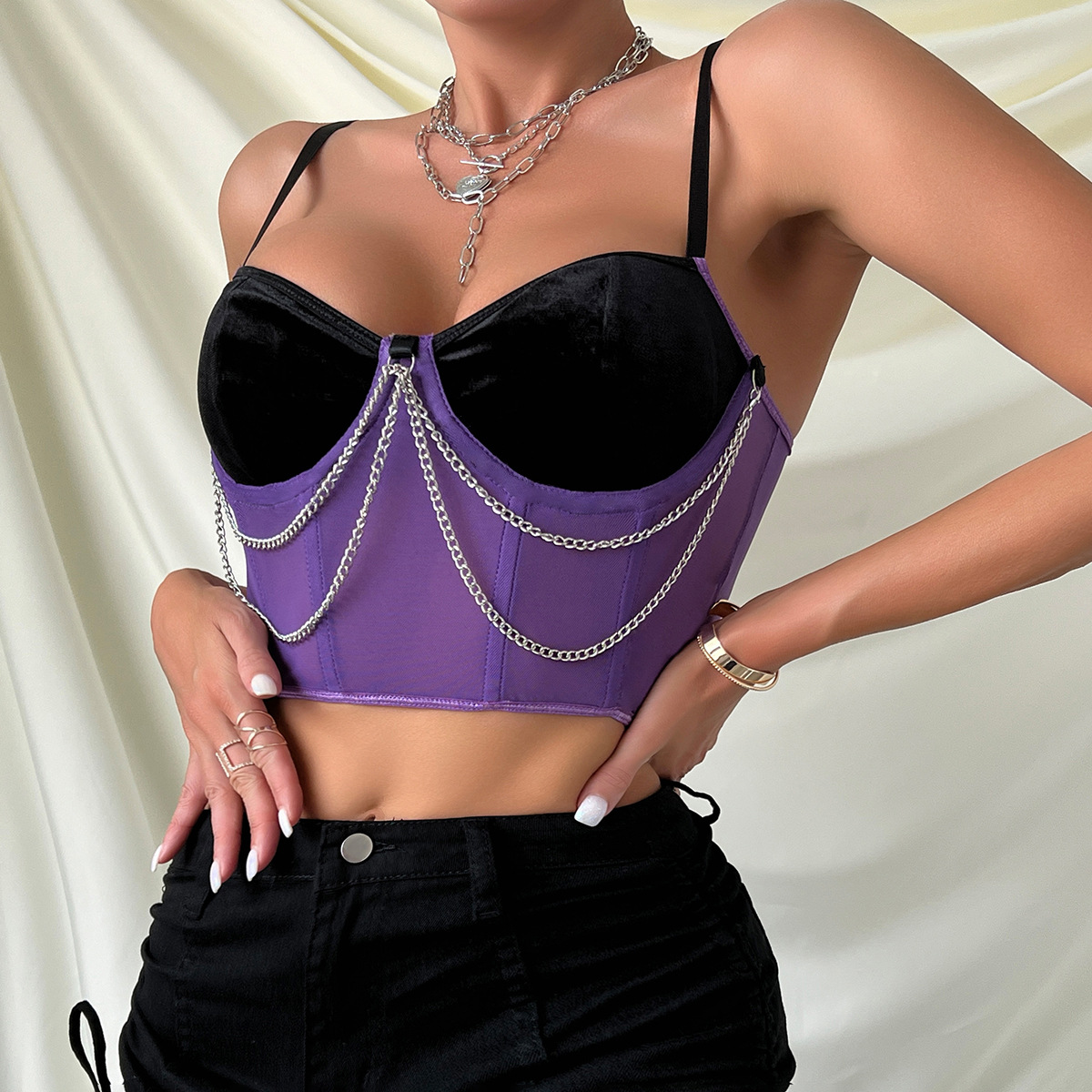 Cross-border hot girl sexy European and American color matching y2k retro millennium style fish bone chain outer camisole K0338