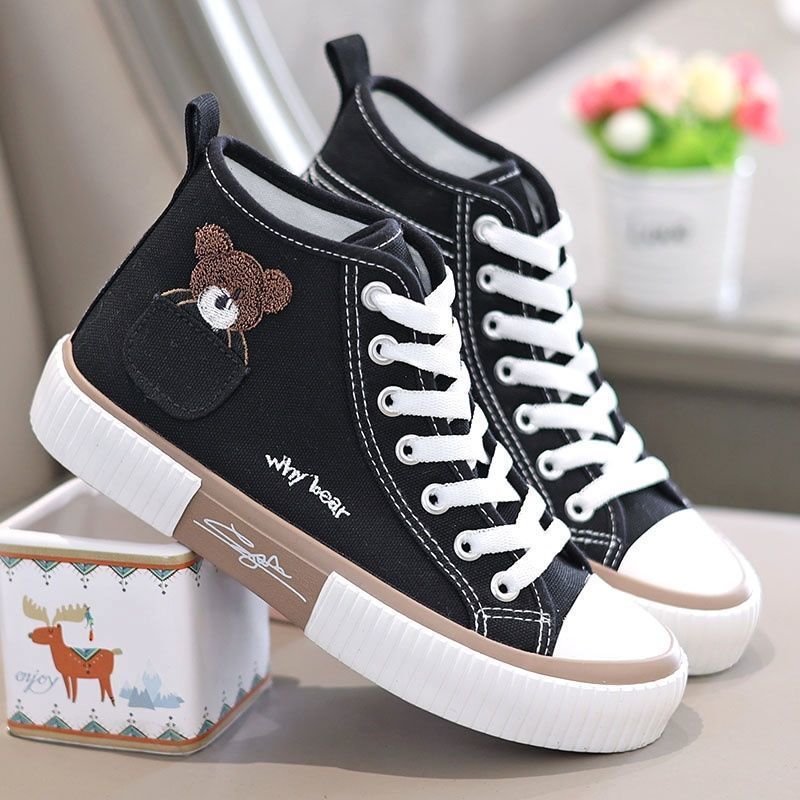 High-top pocket bear canvas shoes women's versatile cute sneakers women's 2023 new autumn niche design sneakers