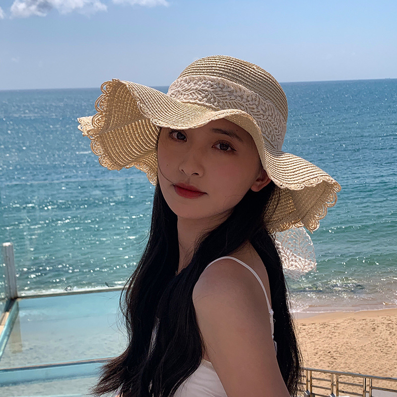 Straw Hat Women's Korean-style Lace Bow Big Brim Foldable Sun Protection Sunhat Seaside Beach Sweet Fisherman Hat
