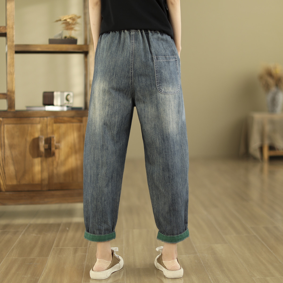 Spring and Summer new loose artistic retro jeans cropped harem pants stitching contrast color daddy pants for women
