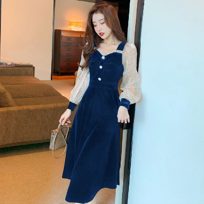 Velvet Dress Autumn and Winter Women's 2023 New Dress High-end Elegant Slim Hepburn Style Small Black Dress Long Dress