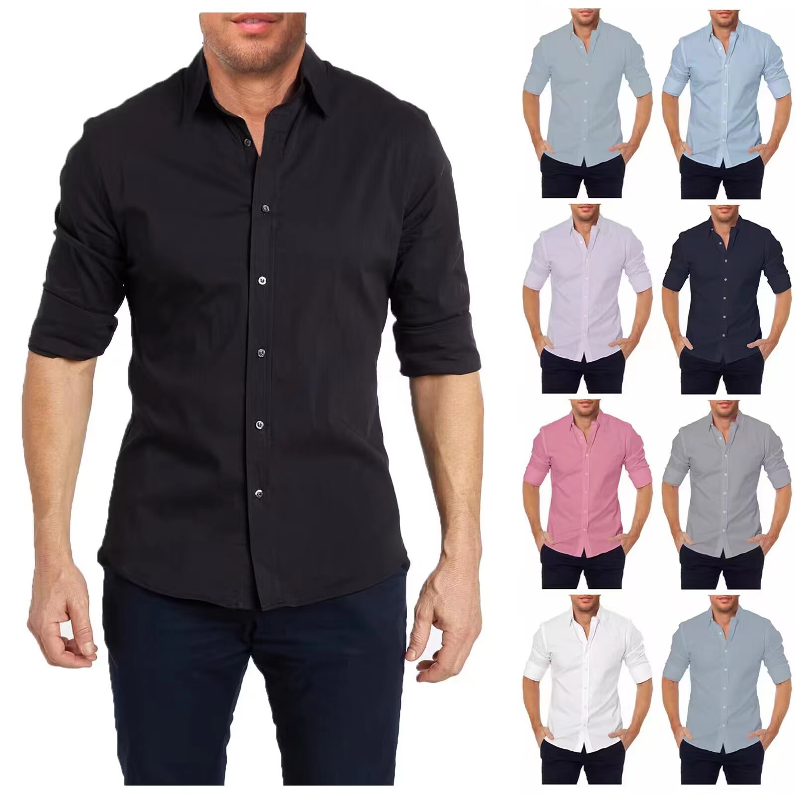 2023 Amazon ebay hot sale summer lapel solid color long sleeve button men's zipper shirt in stock