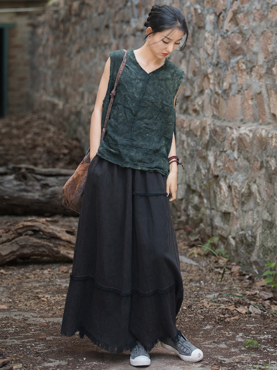 Ramie Sand Stir-fried Sanding Casual All-match Skirt Cotton Linen Women's New 24 Spring and Summer Home Travel Women's Skirt