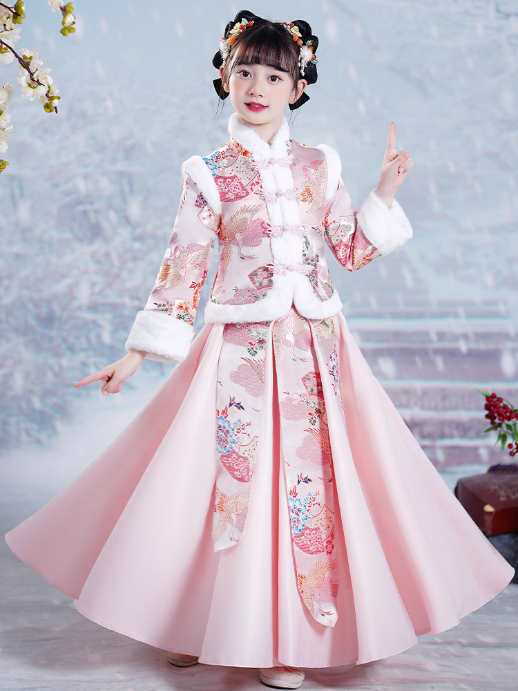 Children's New Year greeting clothes winter Hanfu girls' autumn and winter ancient style super fairy ancient costume classical princess dress fleece-lined thickened winter dress