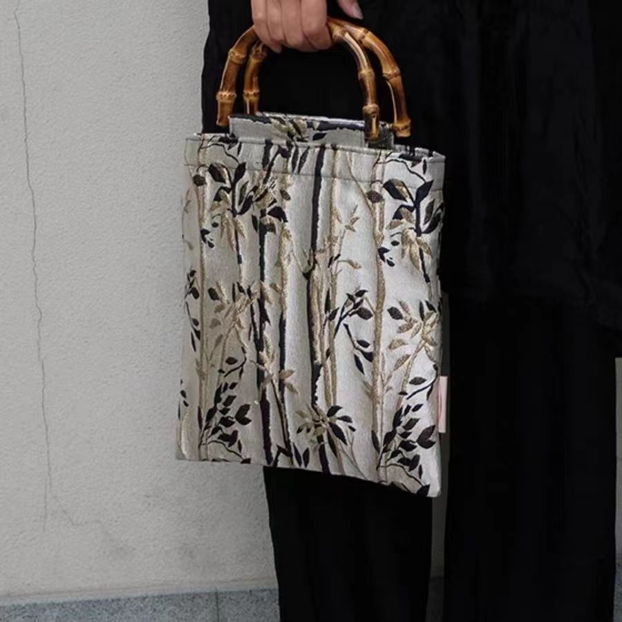 Wholesale bamboo satin jacquard silver double-layer square bamboo bag handbag niche bag