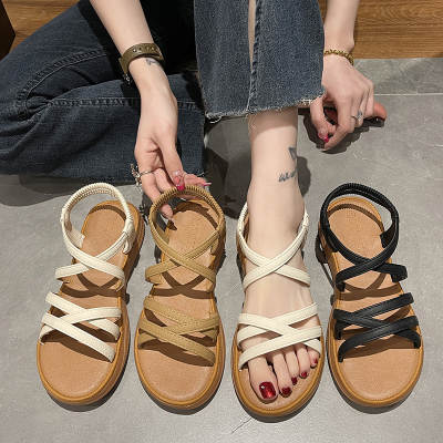 Upgraded New Style Roman Sandals Women's Flat Spring Strap Soft Bottom Summer Sandals Women's Cross Strap Out-Wear Sandals