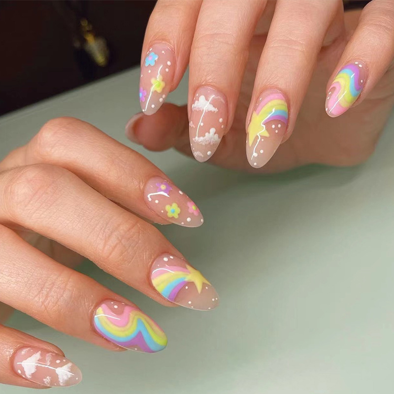 穿戴式指甲貼彩虹星星白色雲朵多色花花可穿戴甲片press on nails