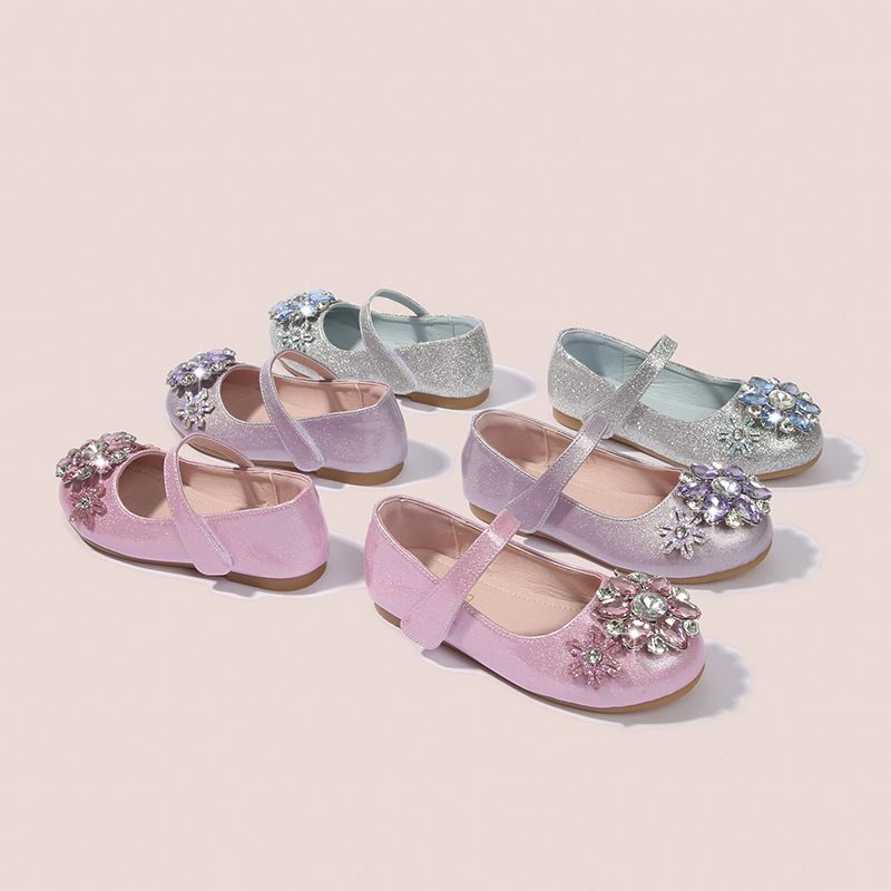 Girls Princess Shoes Spring and Autumn New Aisha Silver Crystal Shoes Little Girls Flat Shoes Soft Sole Shoes Children's Performance