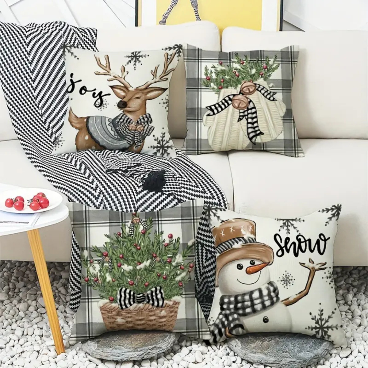 Cross-border hot selling  cartoon Christmas reindeer snowman gloves pattern anti-hemp printing pillowcase cushion_voghion.com