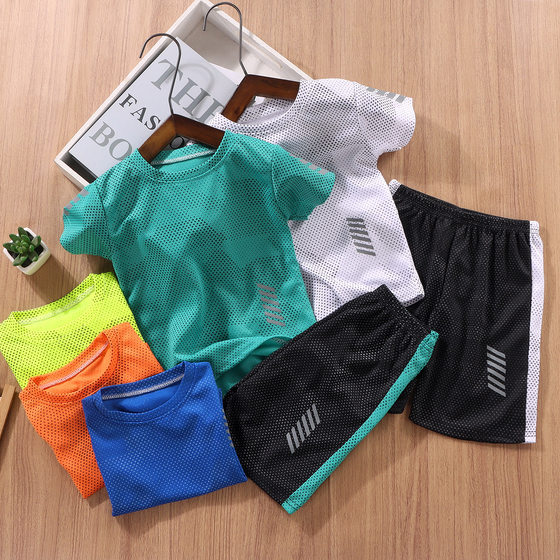 Children's short-sleeved suit running sportswear quick-drying boys and girls summer thin pullover shorts children's clothing two-piece suit