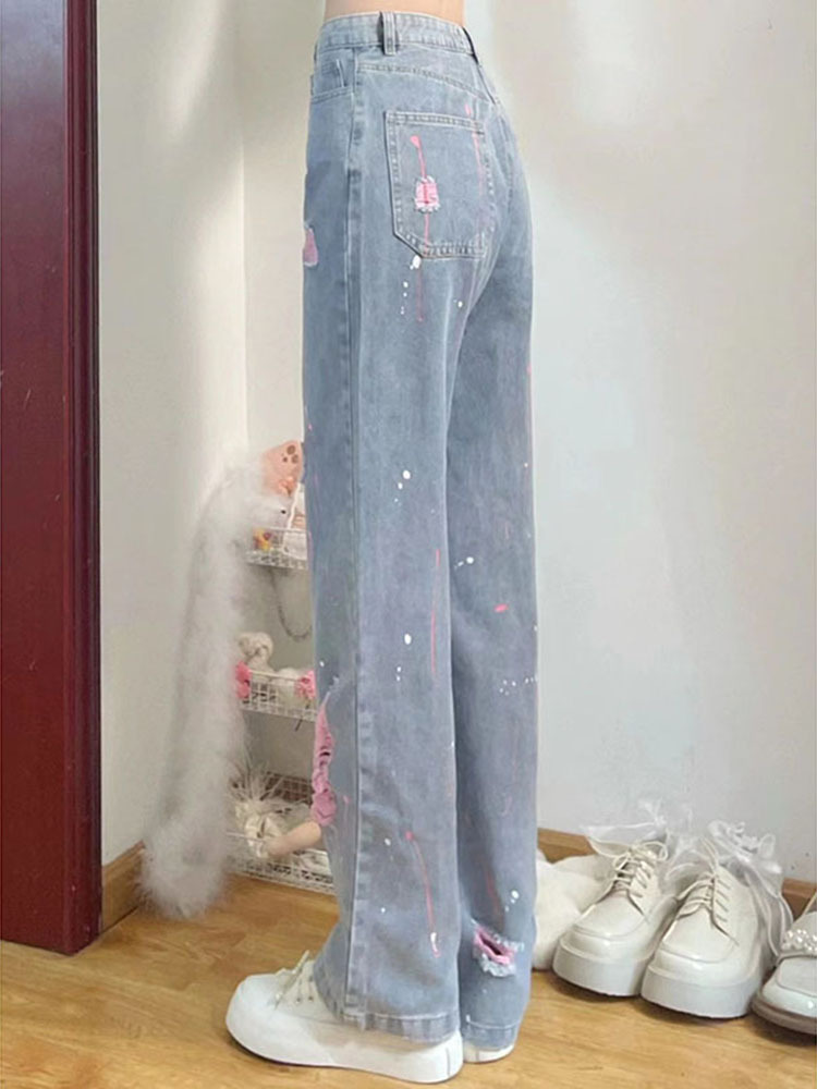 High waist retro design wide leg Denim pants 2023 spring and summer new hot girl ripped straight pants