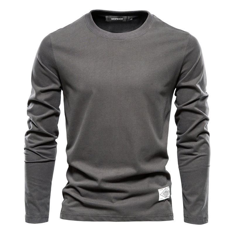Men's Long Sleeve New Solid Color T-Shirt Trendy Leisure Sports Outer Wear Round Neck Cotton Base Shirt Top Wholesale