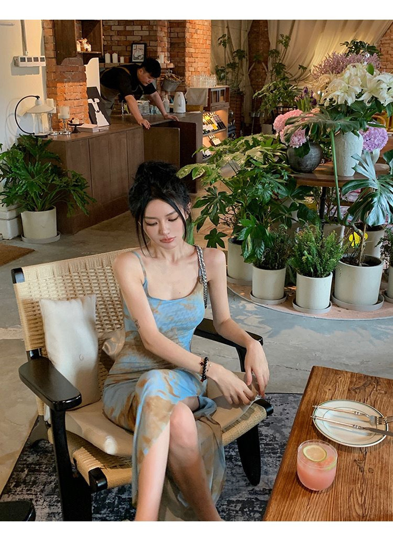 Blue Sling Spice Girl Dress Women's Summer New Tie-Dye Sexy Style Design Split Hip Long Dress
