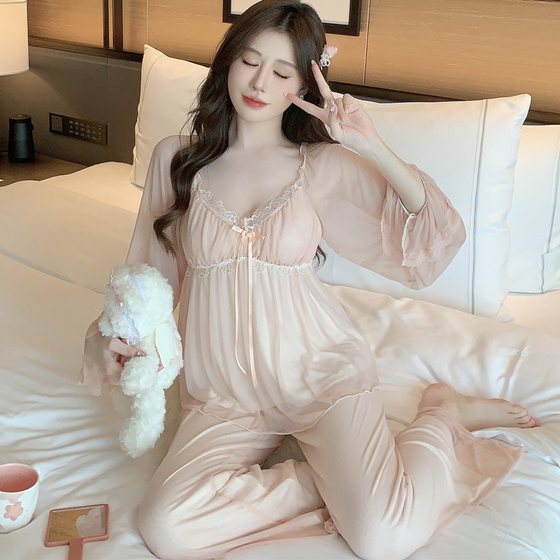 Pure desire home wear new popular online red pajamas suit lace princess modal pajamas can be worn outside home wear